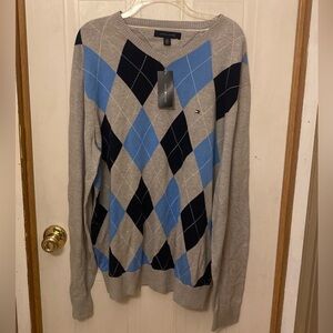 Tommy Hilfiger Men's V-Neck Sweater - Blue and Gray Argyle XL Preppy